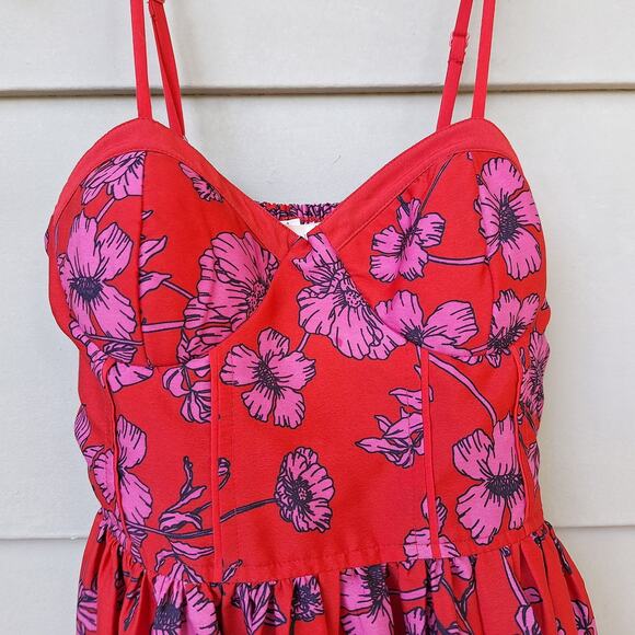 B.O.G. Collective Band of Gypsies Bustier Mini Dress Floral Red-Pink Smocked XS - Picture 2 of 9